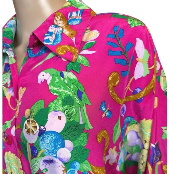 VTG Diane Von Furstenberg XL 100% Silk Button Up Blouse Floral Tropical Resort - Picture 12 of 16